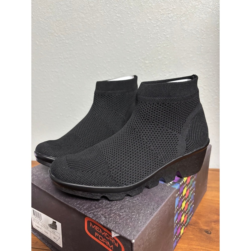 Bernie Mev Camryn Black Stretch Knit Ankle Boot Wedge Size 36 US 5-5.5